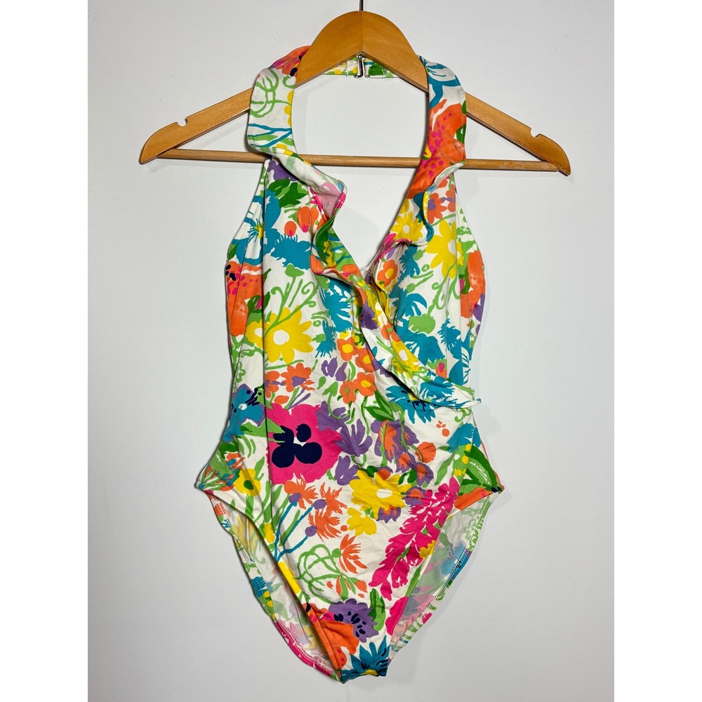 Ralph Lauren Swimsuit Women 10 Multicolor Floral Halter One Piece Ruffle V-Neck
